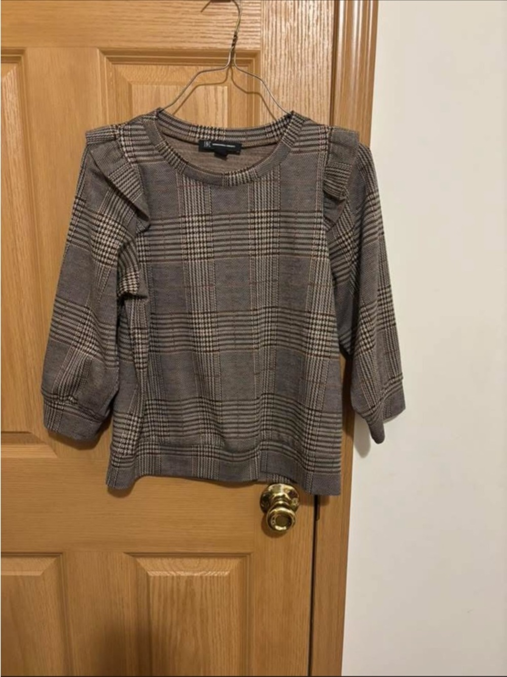INC International Concepts Brown Plaid Ruffle Shoulder Sweater Top